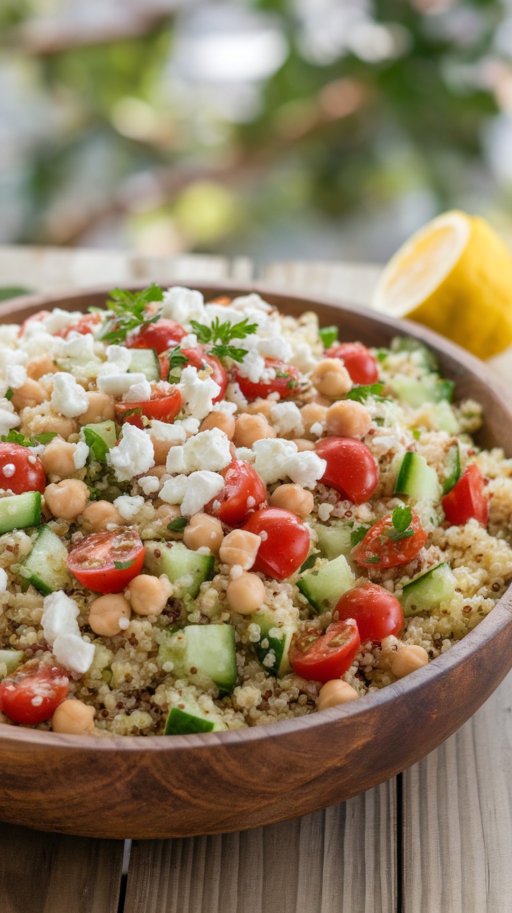 A colorful Mediterranean quinoa salad with chickpeas, cucumbers, and tomatoes, garnished with feta and parsley, ready to serve.